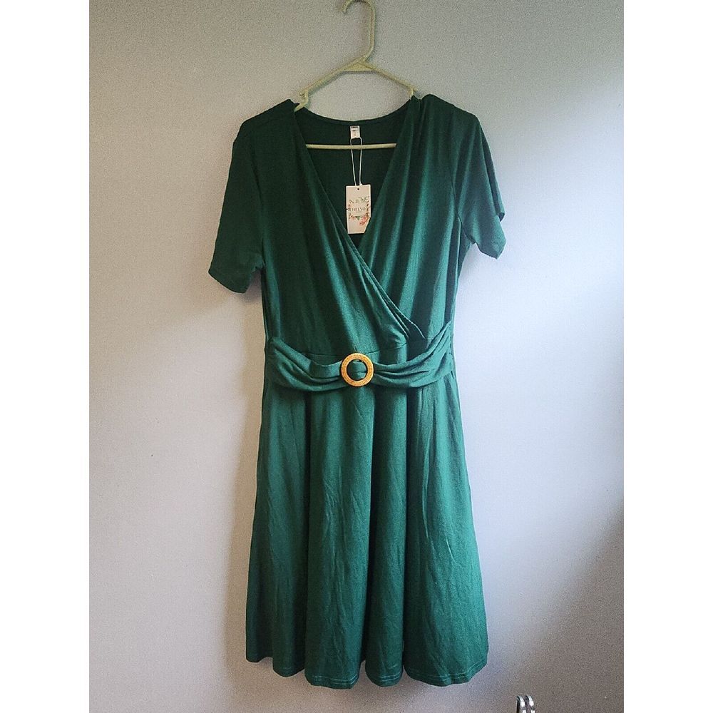 Women Criss-Cross Faux Wrap Vintage Short Sleeve Party Tea Swing Dress Pocket XL